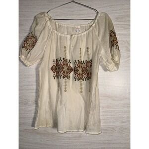 BETYK brand white peasant blouse featuring intricate boho-style embroidery Sz XL